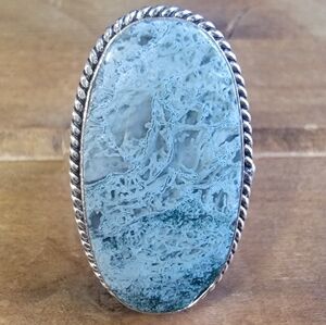 Silver Statement Ring Size 9 Women Jewelry 925 Moss Agate Gemstone Weste…